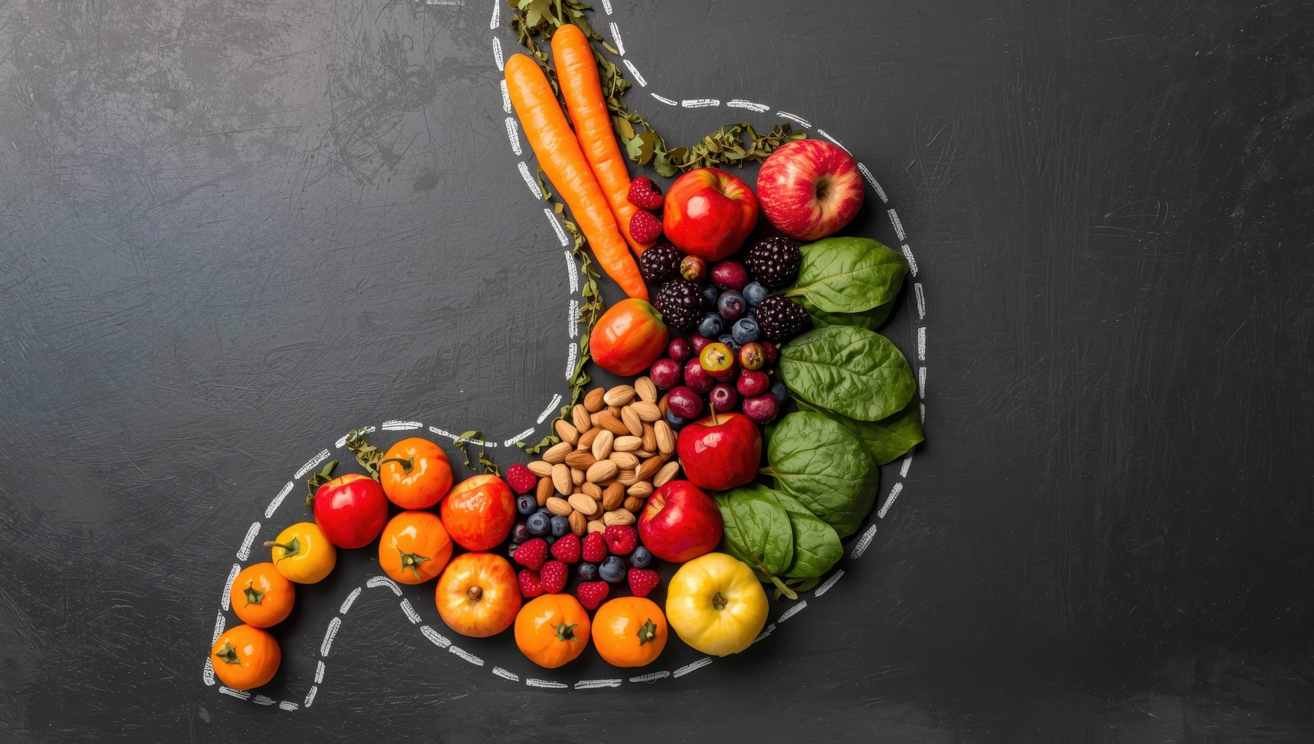 Chalk outline of a stomach filled with colorful vegetables featured on page for Digestive Disorders & Gut Health Support in Oregon